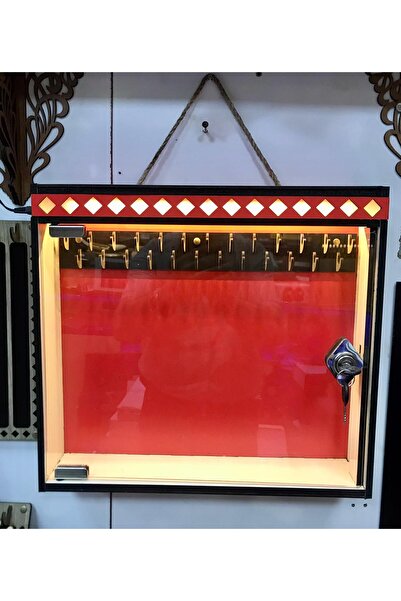 TechUp Desıgner Tesbih Dolabı Işıklı Cam (Şeffaf pleksi) Kapaklı Kilitli Tesbih Standı 25 Askılı