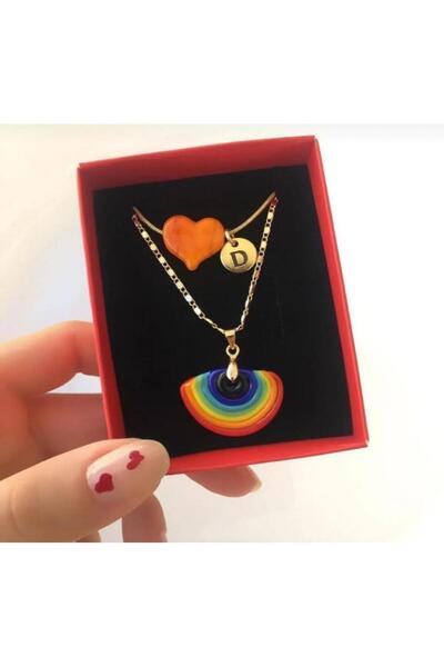 Mojo Jewellery Murano Gökkuşağı Kolye Ve Turuncu Kalp Kolye Harfli / Kararmaz Çelik