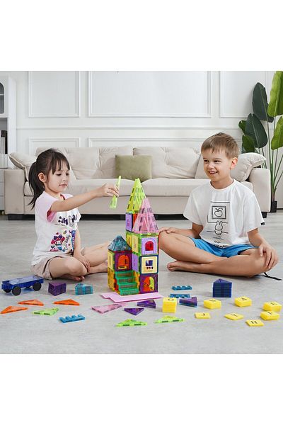 VEVOR Set Inteligent de Constructie cu 121 Placi Magnetice, Educativ si Creativ, Magnetic Tiles