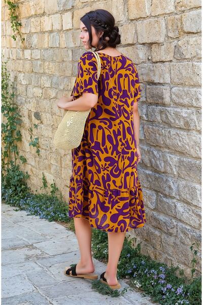 Burcumay Women's Patterned Purple Short Sleeve Pocket Ruffle Plus Size Dress Viscose Summer Beach Vacation Dress