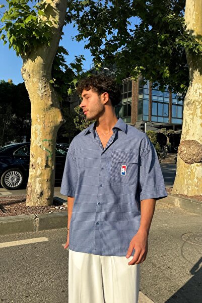 Flaw Wear Adjustable Model Checkered Short Sleeve Shirt Blue