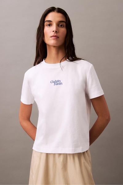 Calvin Klein Kadın Ck Flocked Logo T-Shirt - Beyaz