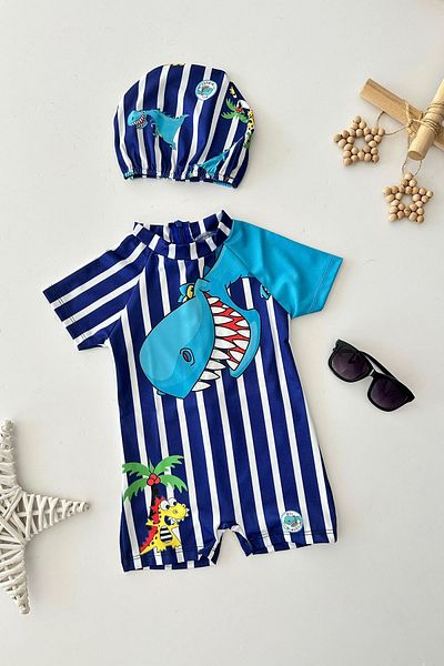 Minigimin Cicileri My Little Cicileri (2-8 Years) Dino Patterned Boy's Swimsuit and Cap Set - Navy Blue