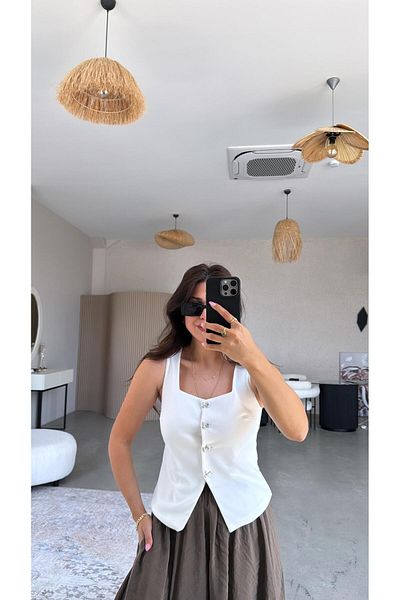 Buket Teke White Bow Button Fabric Vest