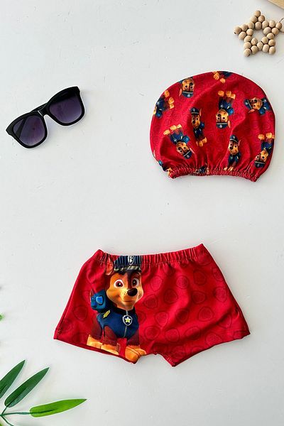 Minigimin Cicileri My Little Pimples (2-8 Years) Character Patterned Boy's Swimsuit and Cap Set - Red