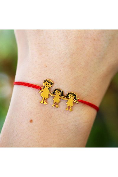 BijuBOX Brățară personalizată Familie Mama și Două Fetițe, Snur Roșu, Argint 925 placat cu aur 24K