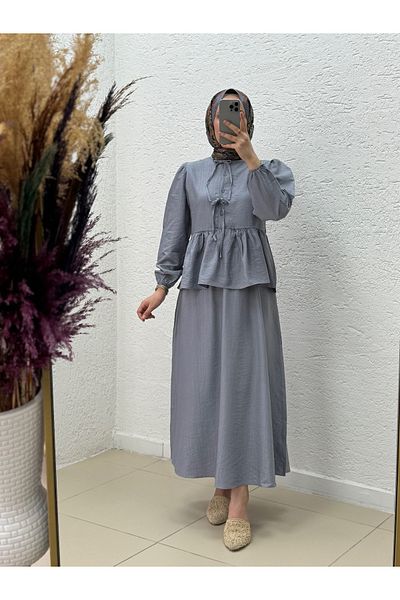 MİHRA STORE Zenira Strawberry Skirt Piped Button Suit-Na3389 Gray