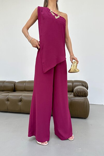 mylove طقم بنطلون بلوزة بكتف واحد أحمر كلاريت