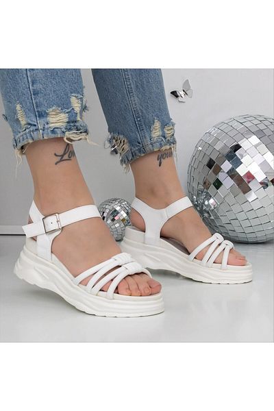 Kalapod Women's white platform sandals made of organic leather Purana