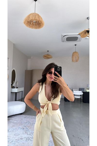 Buket Teke Yellow Linen Tie Blouse Suit