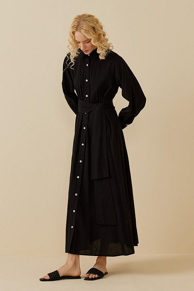 Fahhar Linen Shirt Dress Black