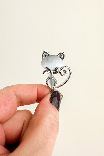 Modex Gümüş Rengi Taş Detay Sedefli Kedi Broş (3cm)