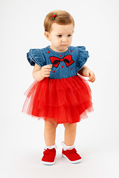 MBK GARDEN Baby Girl Red Tulle Denim Dress – Bow, Lined, Birthday Dress