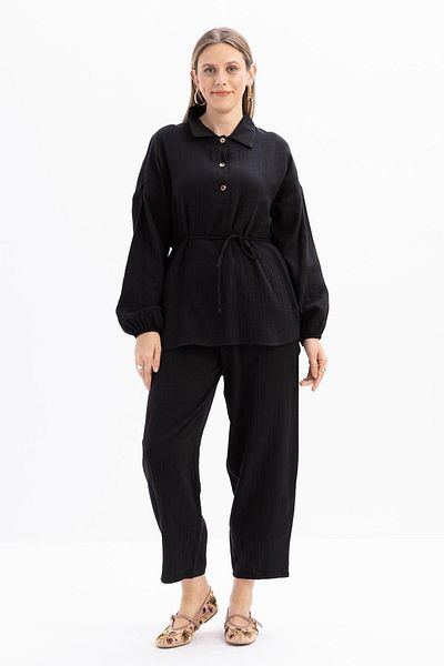 ALLDAY Black-Half Placket Buttoned Muslin Tunic