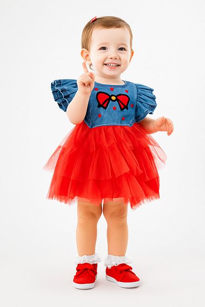 MBK GARDEN Baby Girl Red Tulle Denim Dress – Bow, Lined, Birthday Dress
