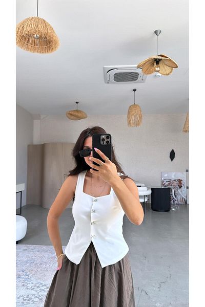 Buket Teke White Bow Button Fabric Vest