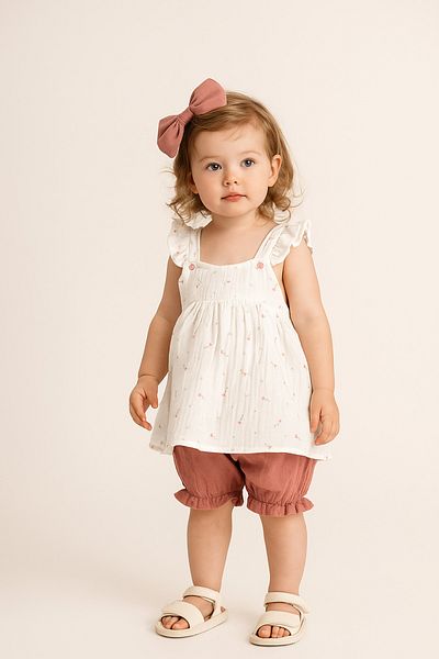 Kidaxi Patterned Muslin Blouse Shorts Baby Set