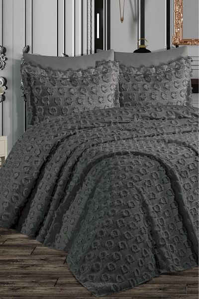 Çeyiz Diyarı Dowry Land Malina Pompom 3 Piece Double Pique Set Anthracite
