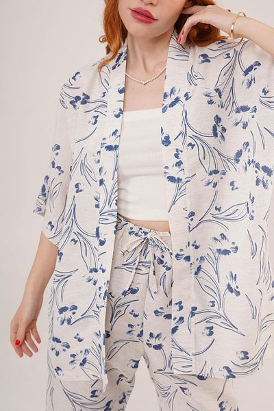 369 etnik butik Women's Blue Floral Print Kimono and Pants Set - Two Piece