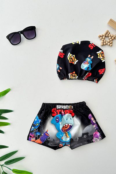 Minigimin Cicileri My Little Pimples (Ages 2-8) Stars Character Patterned Boy's Swimsuit and Cap Set - Black