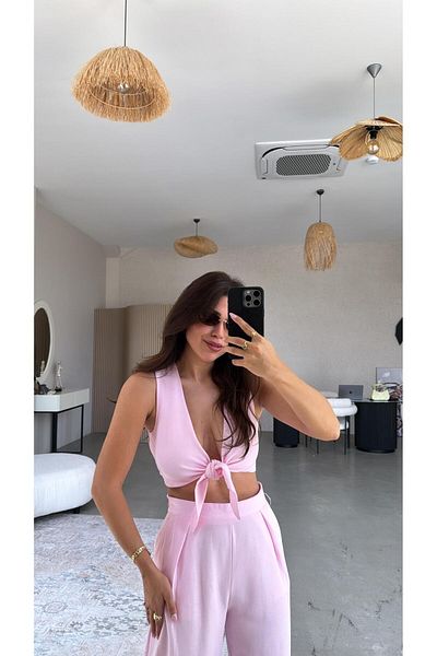 Buket Teke Pink Linen Tie-Up Blouse Suit
