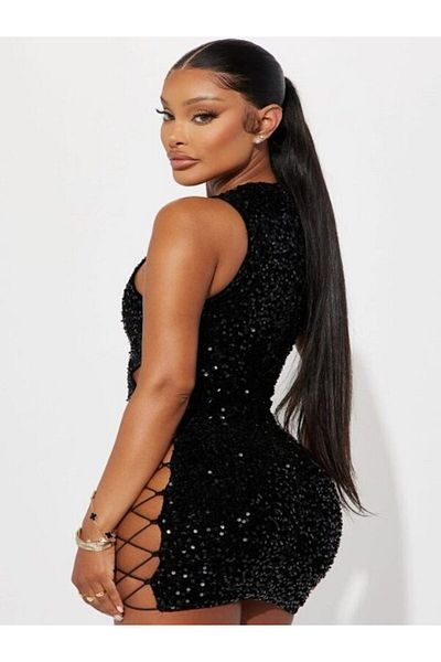 DUYUMSAL Sequined Fancy Black Mini Dress 8484