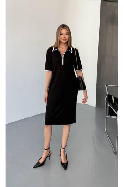 Butik Black Polo Neck Zippered White Stripe Dress