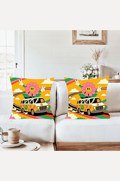 on the clouds Retro Hippie Minibus Floral Combination Hidden Zipper Throw Pillow Cover Sofa Pillowcase Set (2Pcs)