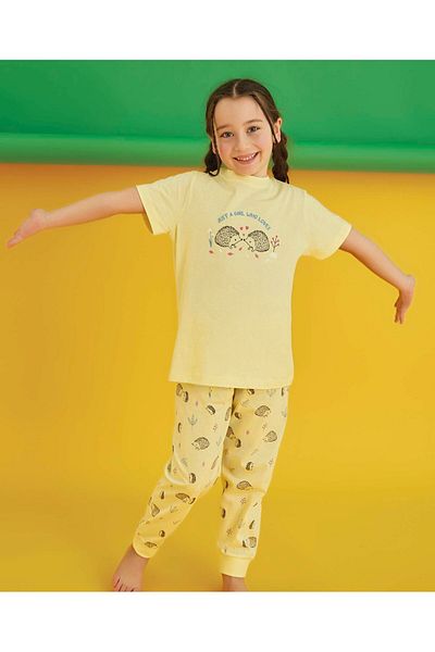 Aydoğan Girls Short Sleeve Yellow 100% Cotton Pajamas Suit 250216