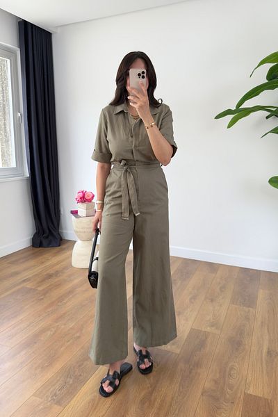 BİRCANÇİL Pani Khaki Pocket Detailed Belted Jumpsuit