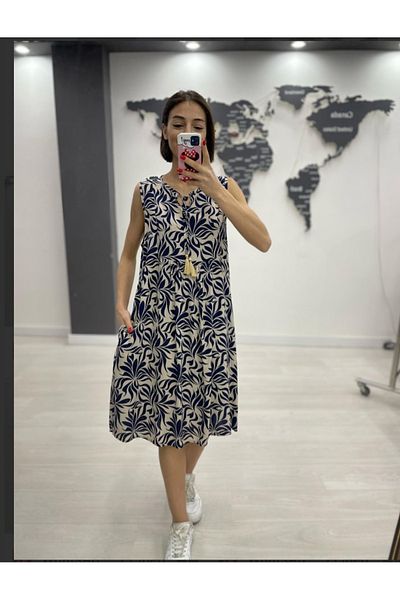 atelyu Women's Mink Navy Blue Patterned Tassel Detailed Dress