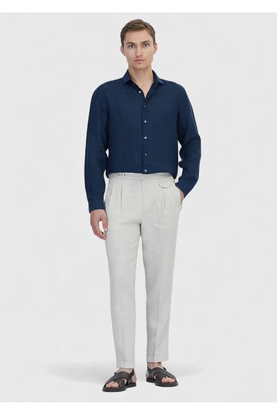 Ramsey Navy Blue Plain Casual Fit Woven Casual 100% Linen Shirt
