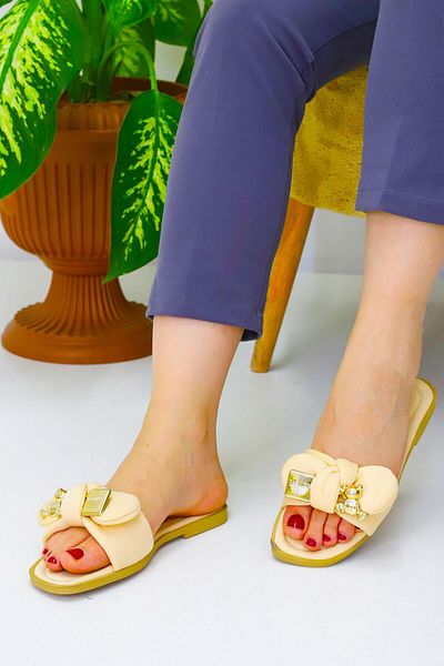 OBAY LİFE Women's Yellow Flat Sole Teddy Bear Buckle Slippers Nbr2038