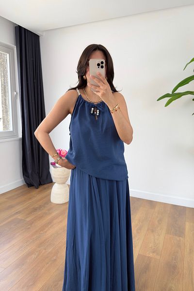 BİRCANÇİL Bonita Indigo Beaded Strap Skirt Lined Blouse Set