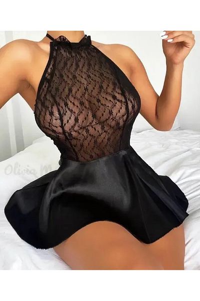 GİYİMX Women's Black Backless Nightdress
