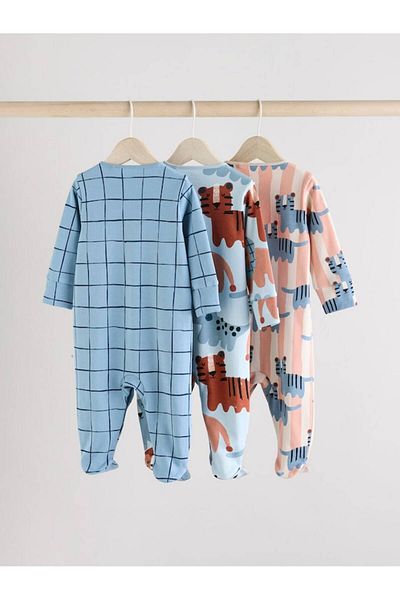 Next Baby 100% Cotton Blue Animal Patterned 3-Piece Sleepsuit Set