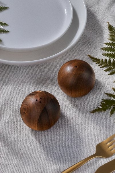 Kitchen Life Acacia Ball Shaped Luxury Salt and Pepper Shaker Set - Round Spice Rack Set