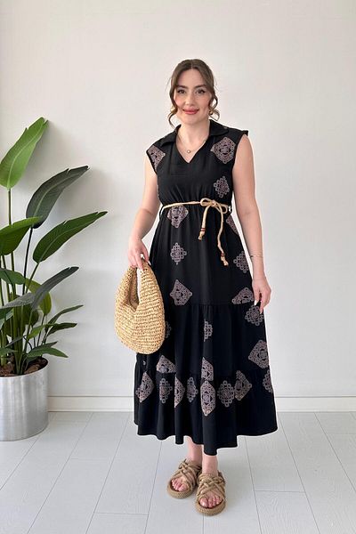 MaziButik Straw Belt Patterned Dress Black