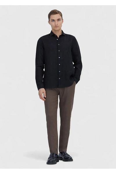 Ramsey Black Plain Casual Fit Woven Casual 100% Linen Shirt