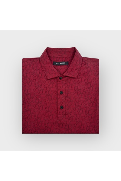 KAMER Modern Fit Shirt Collar Short Sleeve Lycra Patterned Red T-Shirt 9508Kr