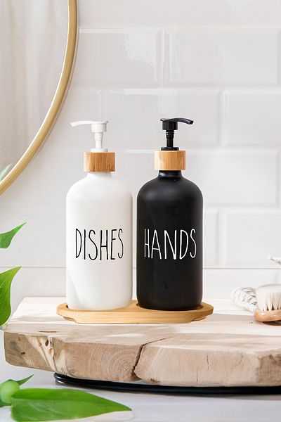 NESS HOME Dozator de săpun lichid cu 2 suporturi Dozator de detergent - Dozator de săpun colorat cu capac aspect lemn