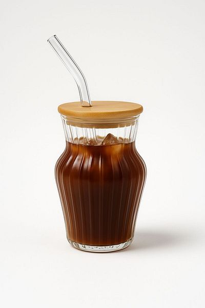 ERKUGO Striped Chubby Borosilicate Glass Cup – 500 ml - with Bamboo Lid