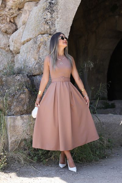 bytugcekaya Light Brown Halter Neck Belted Flared Dress