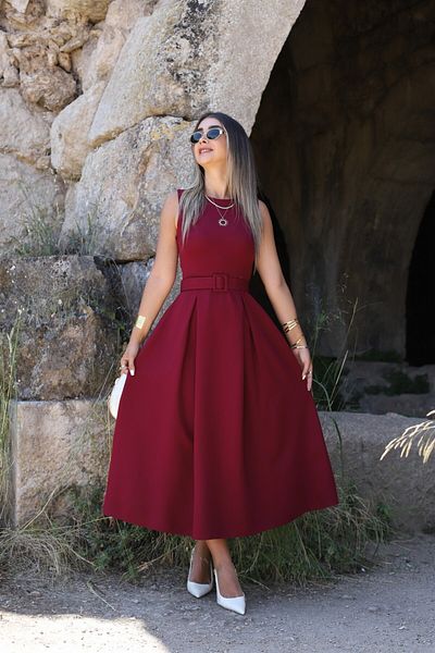 bytugcekaya Burgundy Halter Neckline Belted Flared Dress
