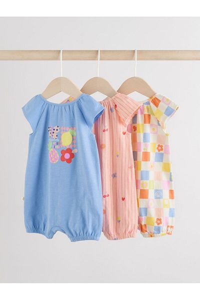 Next Baby 100% Cotton Pink Blue Floral Patterned 3-Piece Romper Set
