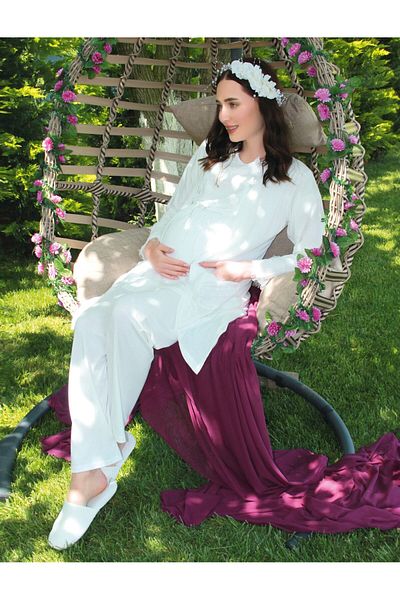 JENİKA Maternity Long Sleeve Collar Open Button Lace Detailed 3-Piece Pajama Set
