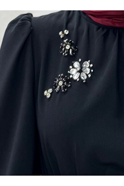 MİHRA STORE Orelesia Φόρεμα με Ελαστική Μέση και Μανίκια Bronch Twil-EK1144 Μαύρο