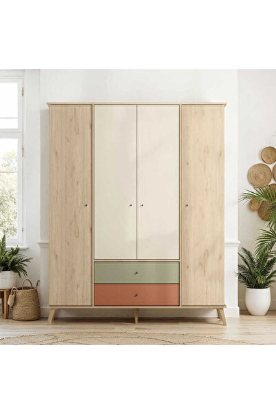 Adore Mobilya Terra 4 Kapaklı 2 Çekmeceli Gardırop - Florida Meşe/Karışık Renk 162x204x54 cm