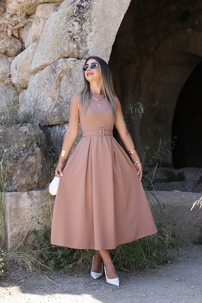 bytugcekaya Light Brown Halter Neck Belted Flared Dress