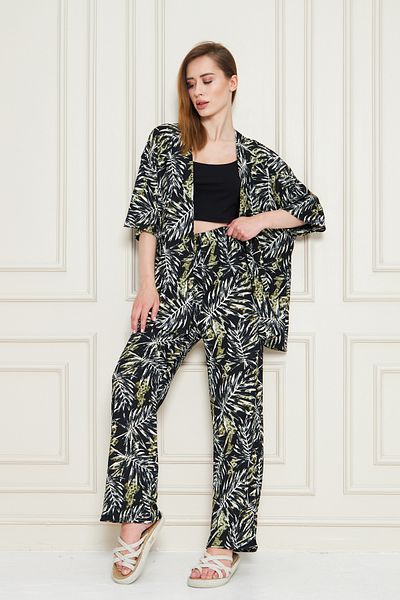 ESPOİRPLUS Women's Green White Leaf Patterned Kimono Set Comfortable Fit